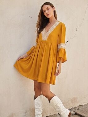 DAVI & DANI Mustard Lace-Trim V-Neck Mini Dress